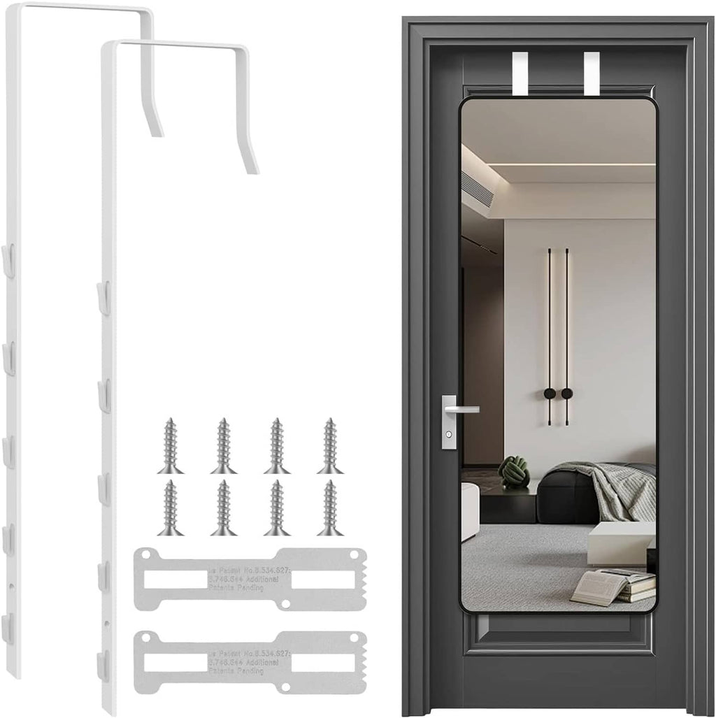 Over-door mirror hanger holding a wall mirror with five-hole brackets, white