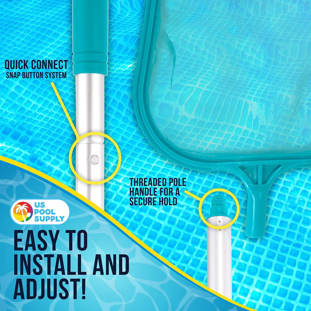 Leaf skimmer net pole connection with snap-button latch and threaded handle joint