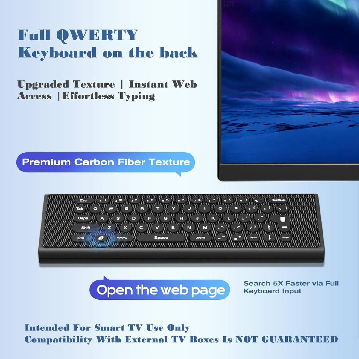 Black TV keyboard remote with full QWERTY keys on the back side