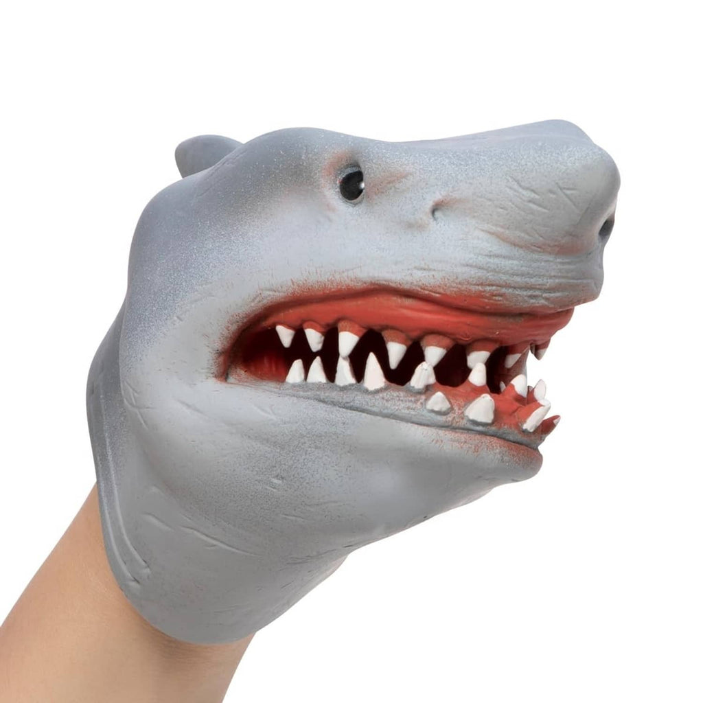 Gray shark hand puppet with wide open mouth, visible eye, and teeth rows