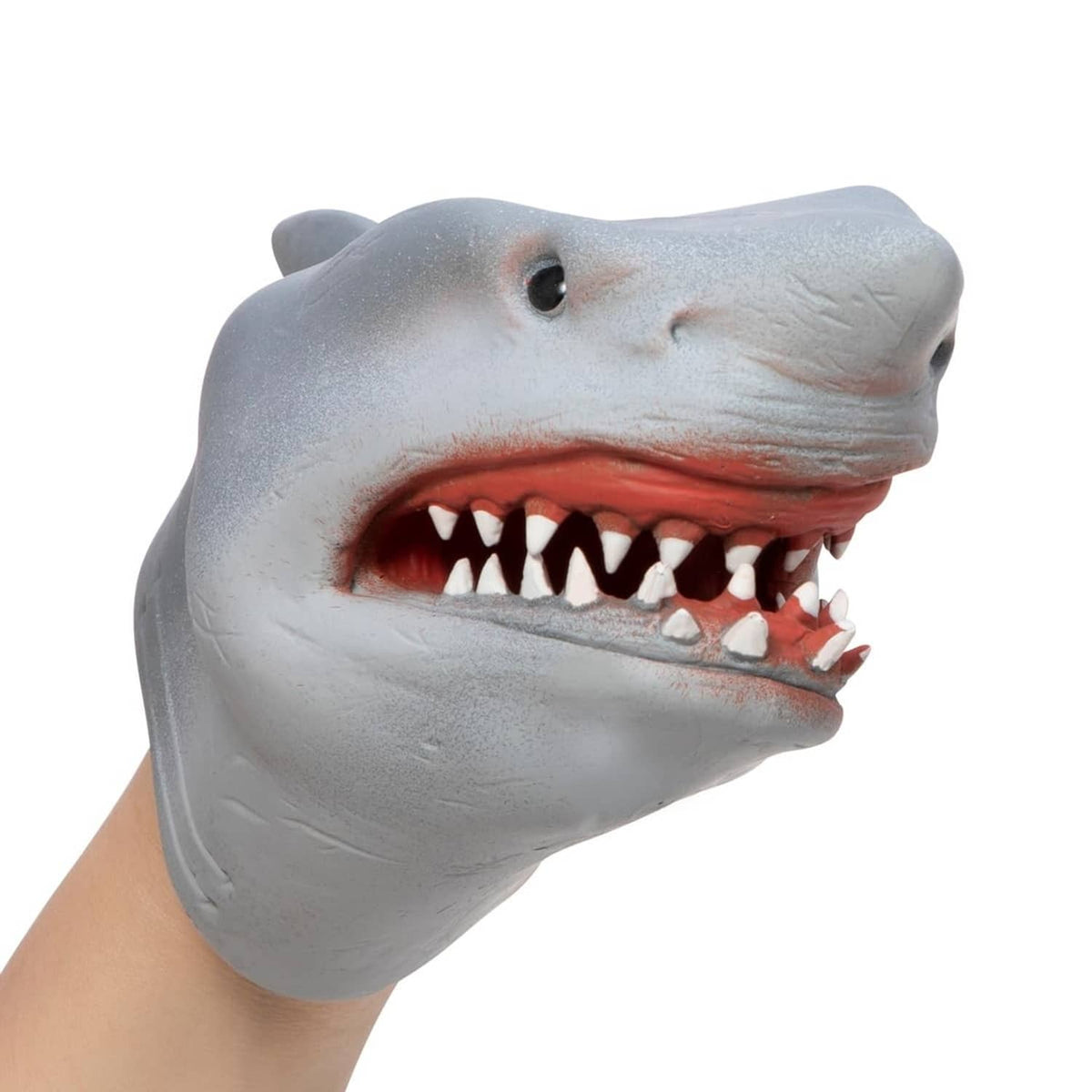 Gray shark hand puppet with wide open mouth, visible eye, and teeth rows