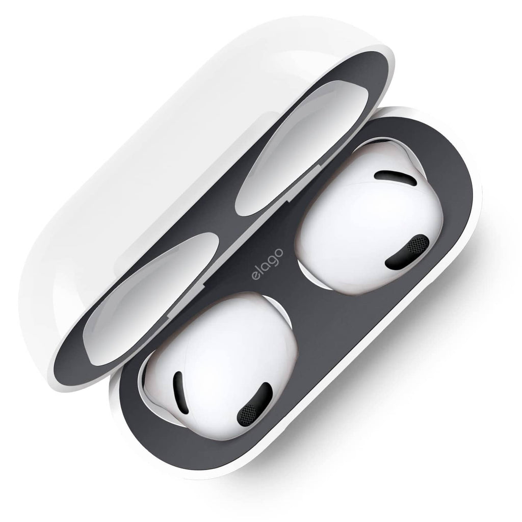 Dark grey dust guard for AirPods charging case, open with vented cutouts for earbuds