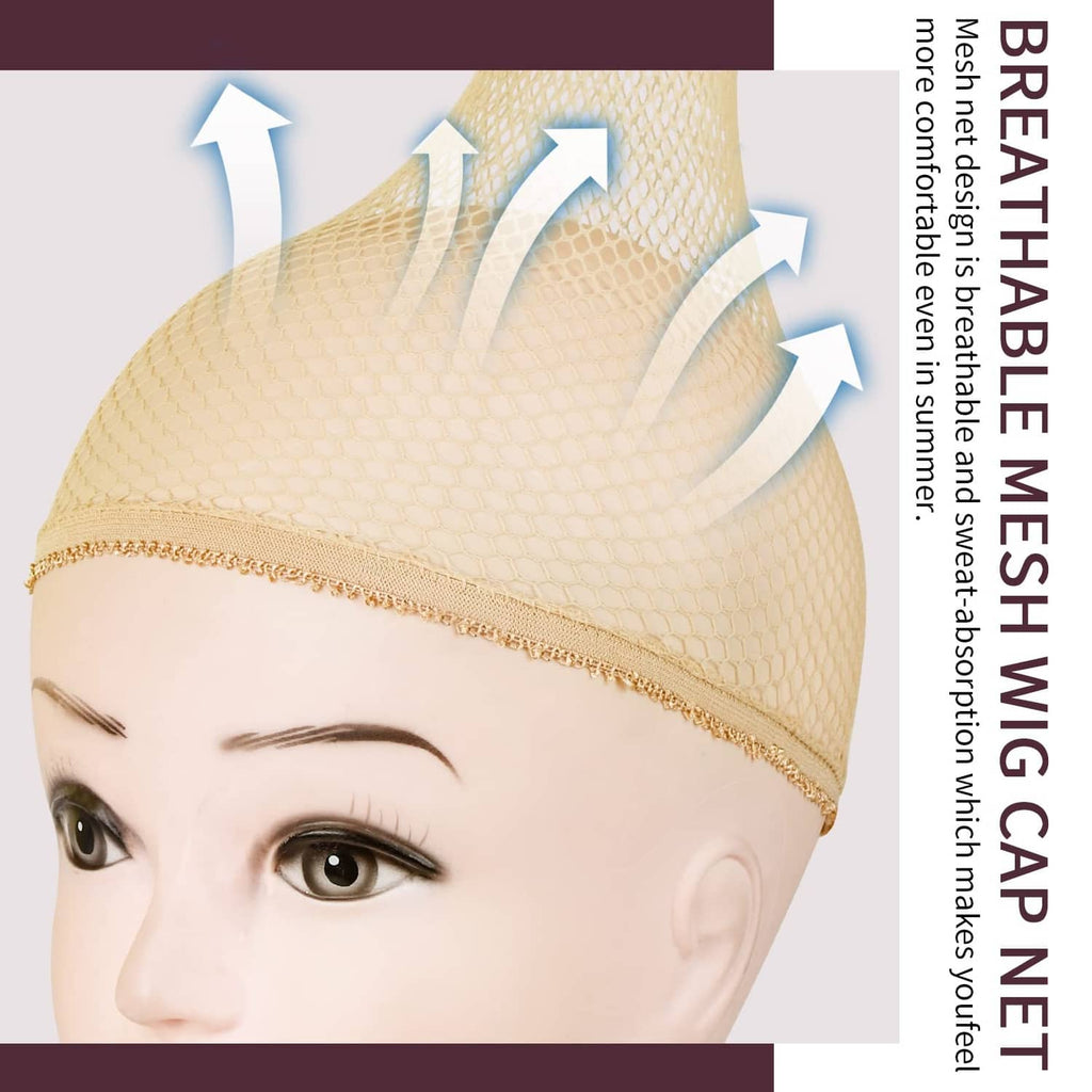 Light brown stretch mesh wig cap on mannequin head with flexible fit
