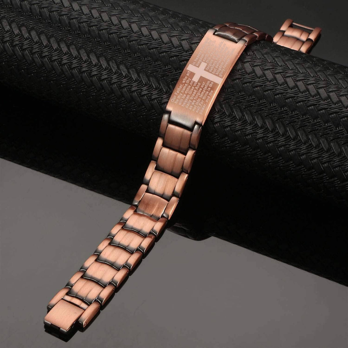 Copper magnetic bracelet with engraved center panel and squared link segments