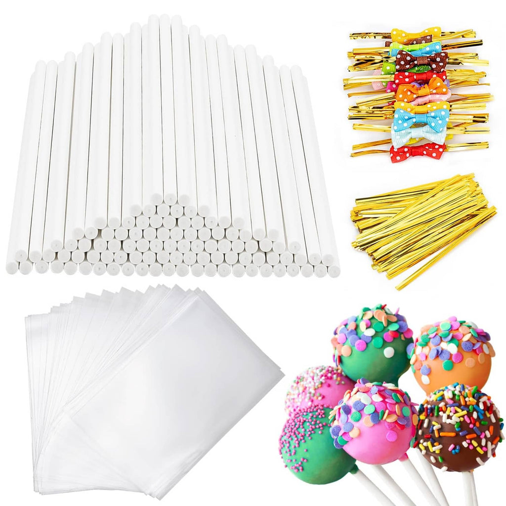 White cake pop sticks and clear wrappers kit, with lollipop sticks and paper liners