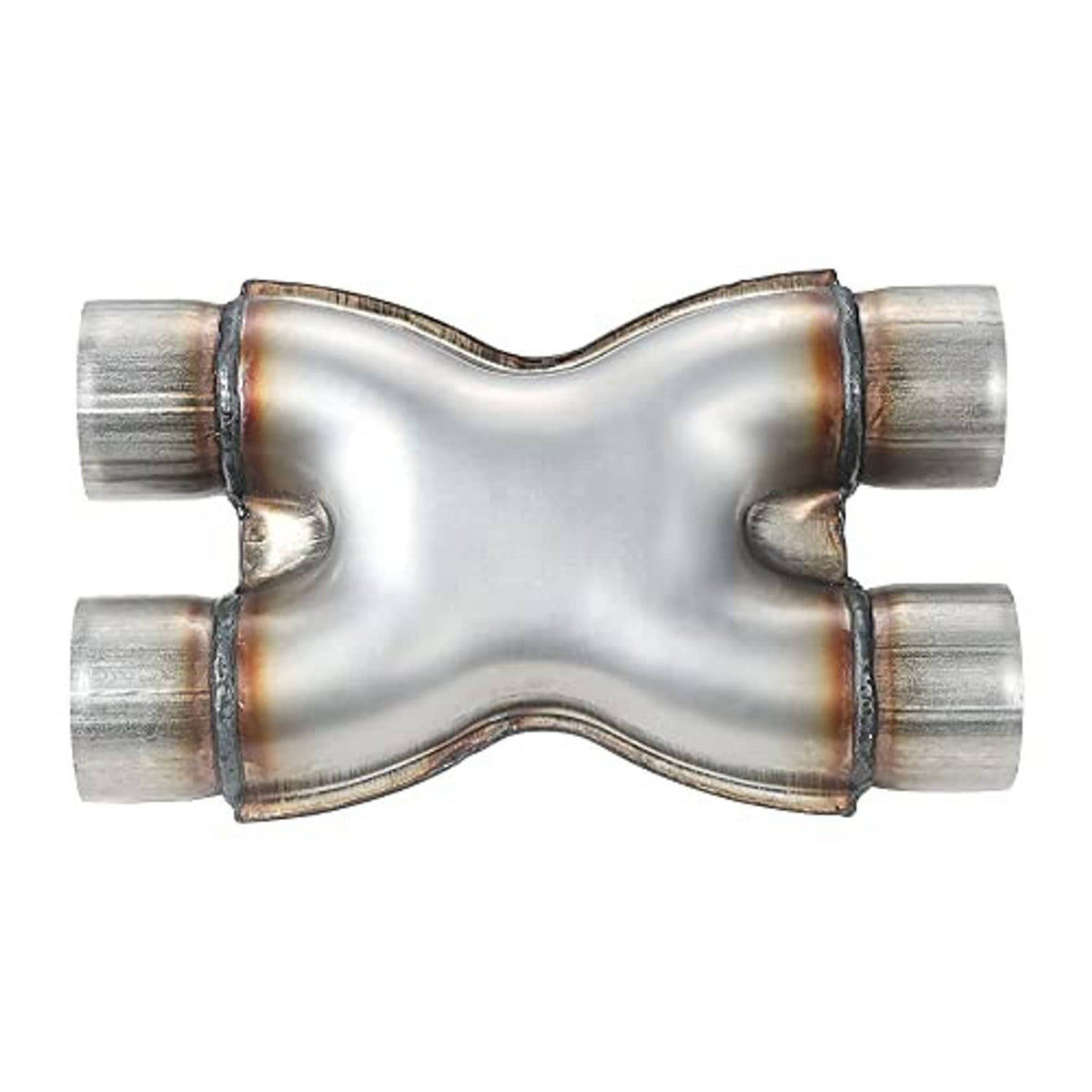 Stainless steel X-pipe crossover exhaust section with four end sleeves and center channel