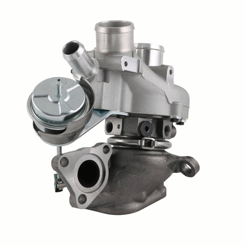 Turbocharger with wastegate actuator and silver inlet pipes, angled view