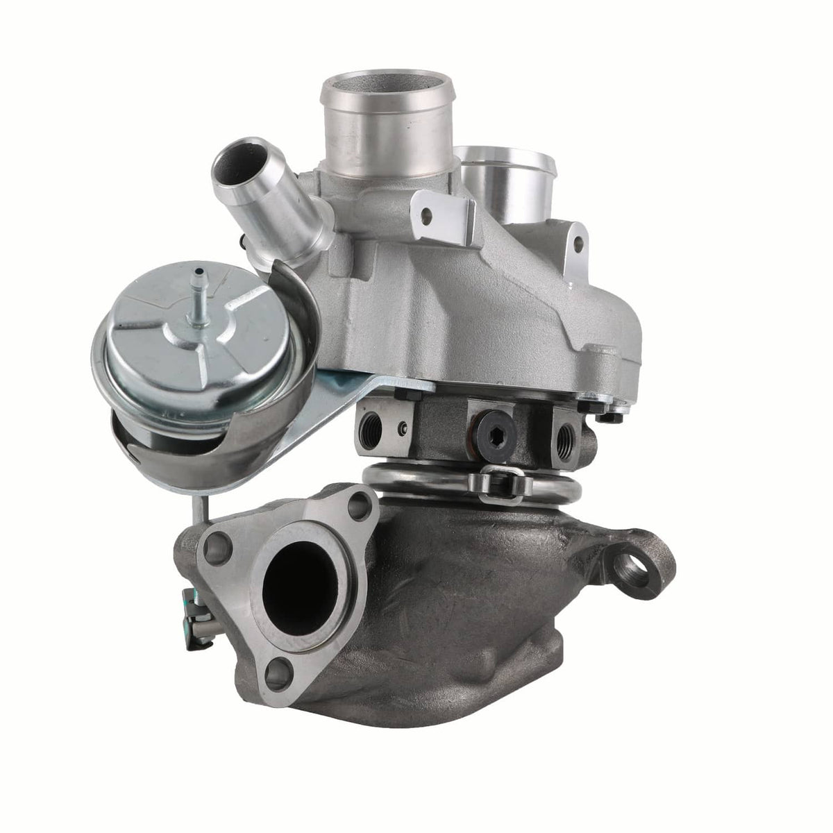 Turbocharger with wastegate actuator and silver inlet pipes, angled view