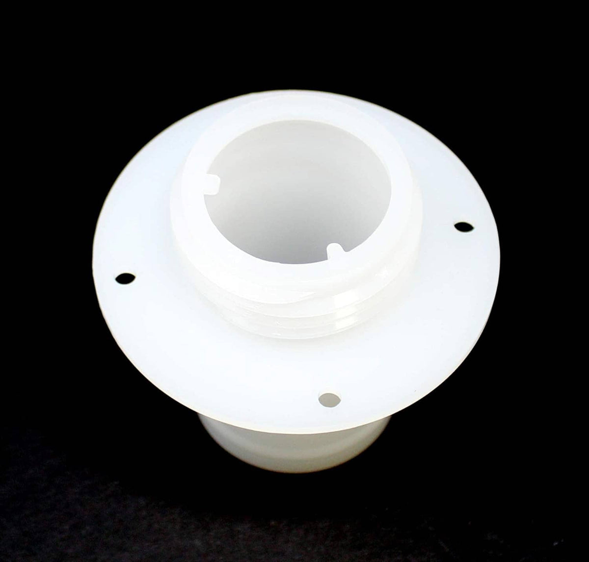 White jet ski fuel tank filler neck with circular opening and three mounting holes