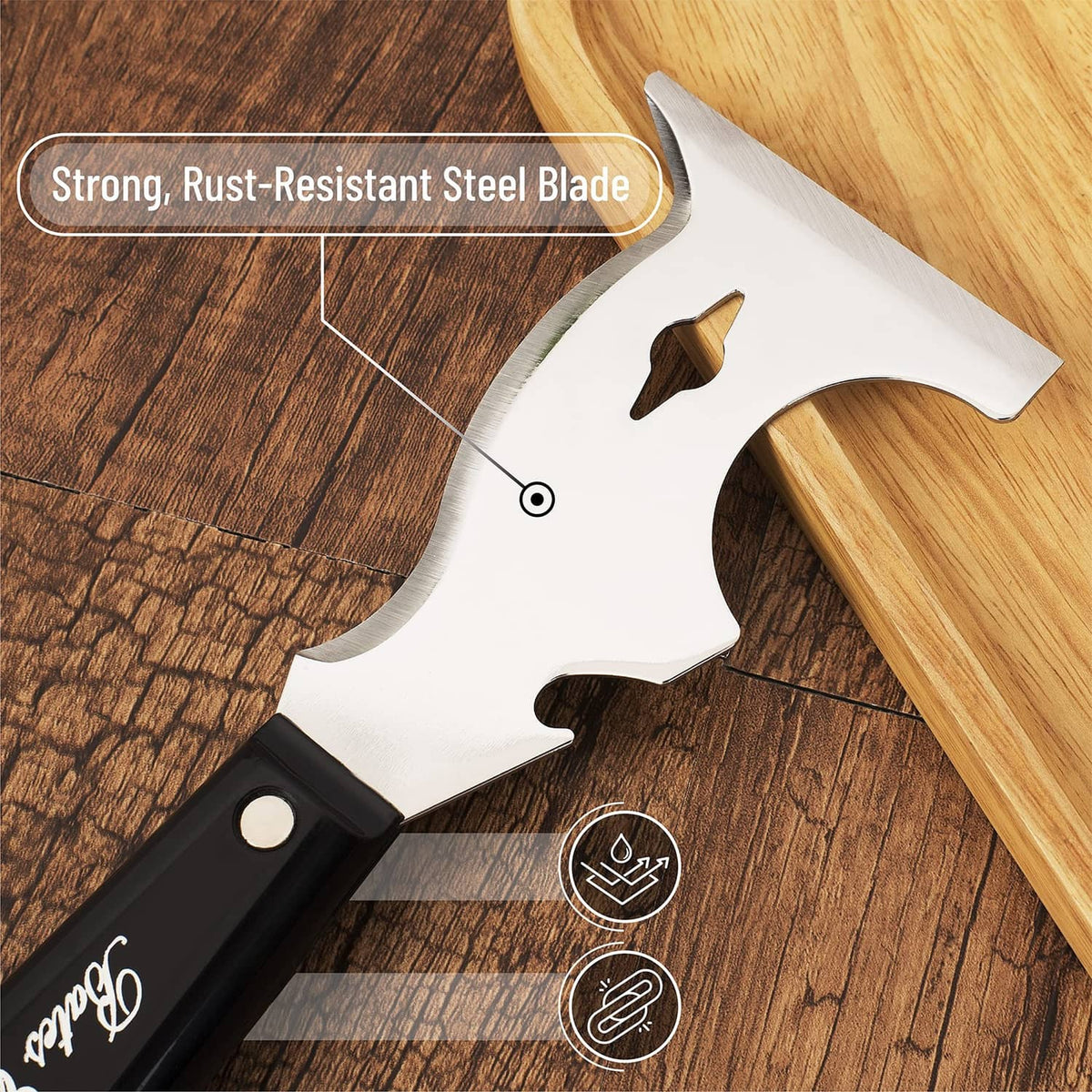 Paint scraper with rust-resistant steel blade and black handle on wood flooring