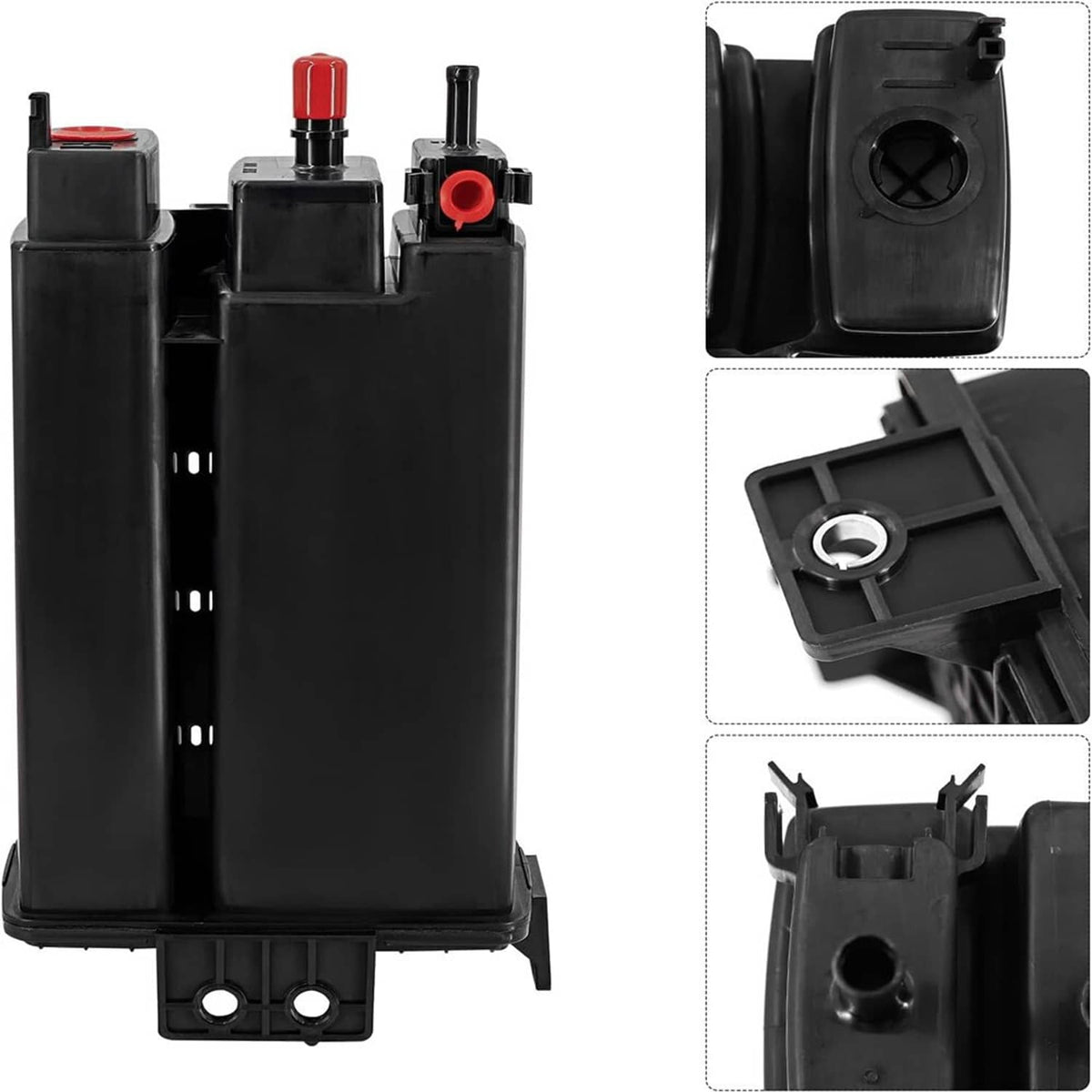 Black fuel vapor canister with mounting bracket and red vent fitting