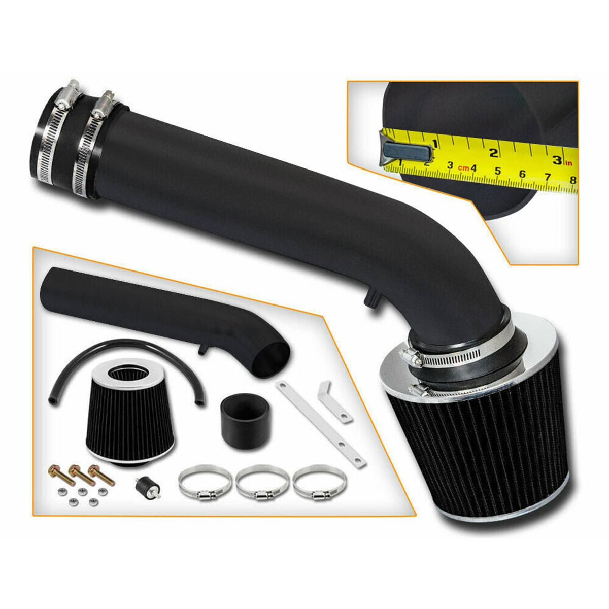 Black intake tube and cone air filter kit with included clamps and hardware