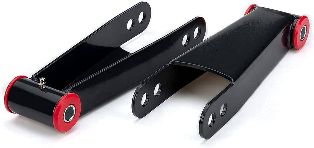 Rear drop shackle kit showing two black arms with red bushing ends