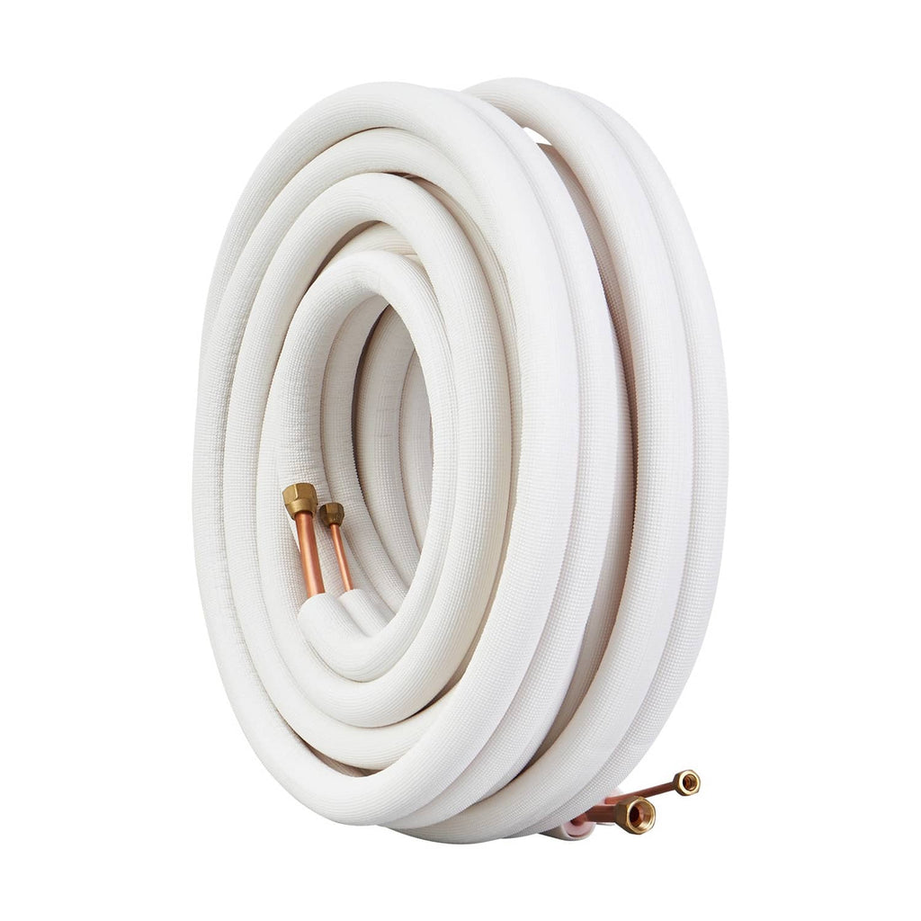 Insulated mini-split line set: coiled white tubing with copper fittings at one end