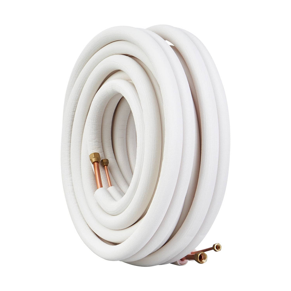 Insulated mini-split line set: coiled white tubing with copper fittings at one end