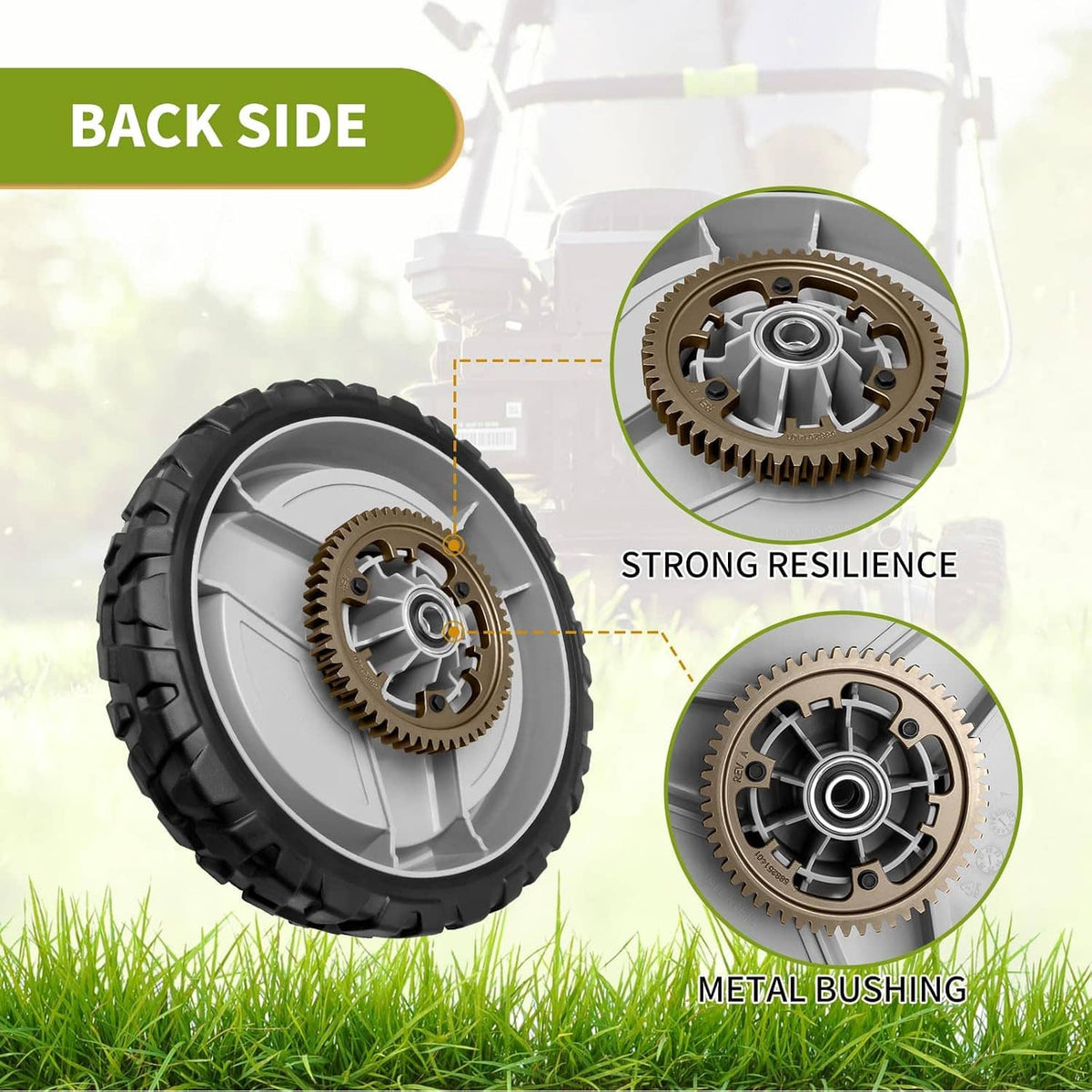 Back-side view of 11-inch lawnmower wheel with metal gear hub and black tire