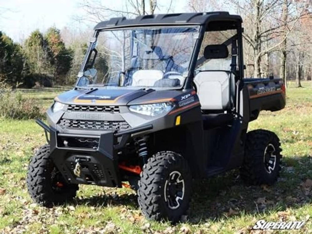 Polaris Ranger XP 900 clear full windshield, 3/4 front outdoor view