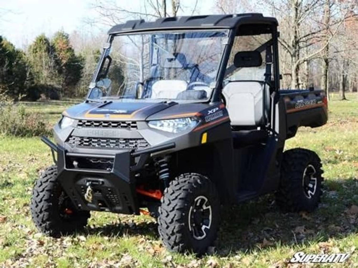 Polaris Ranger XP 900 clear full windshield, 3/4 front outdoor view