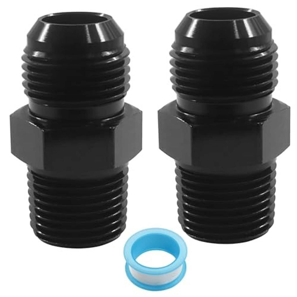 Black flare-to-1/2 in NPT adapter with hex body and blue sealing ring