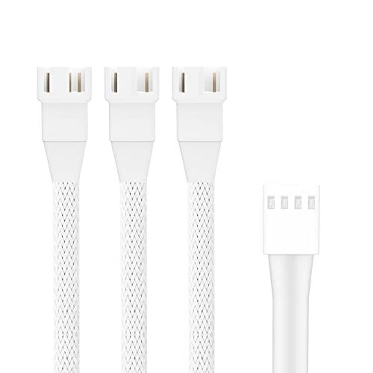White 4-pin PWM fan splitter cable set with three connector plugs and braided extension leads
