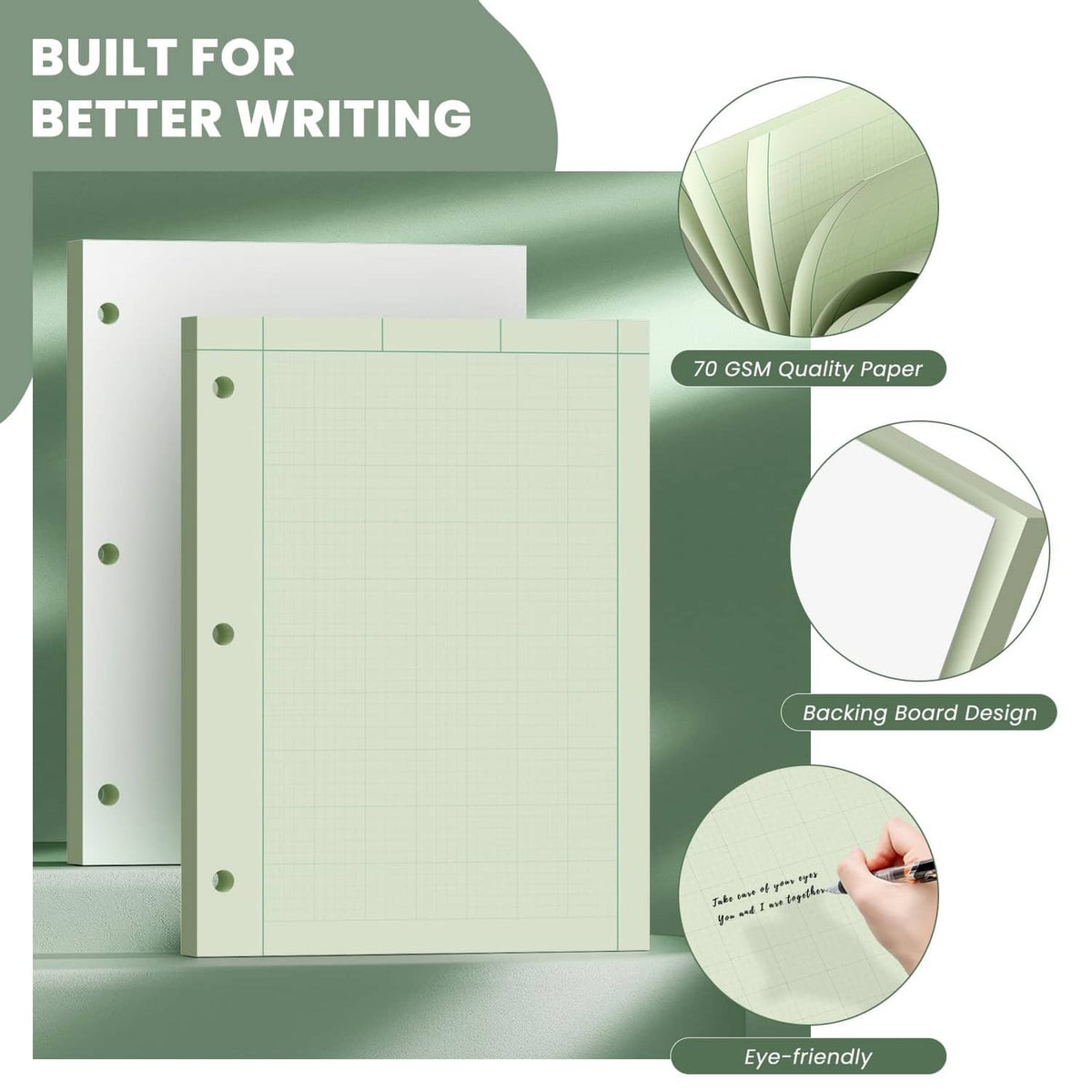 Green engineering graph paper sheets with fine grid, ring-punch holes, and layered stack