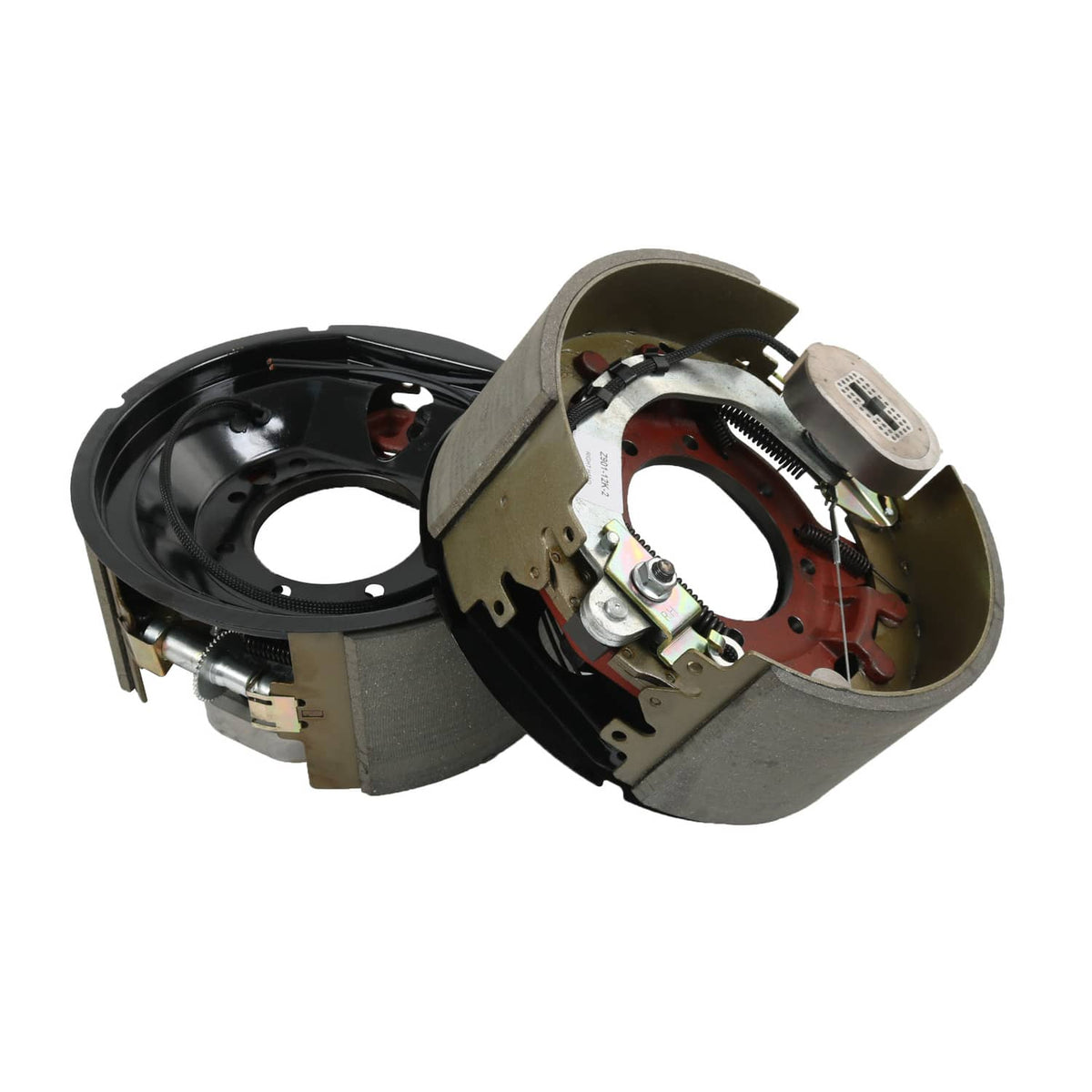 Electric trailer brake backing plate assembly, exposed brake shoes and wiring