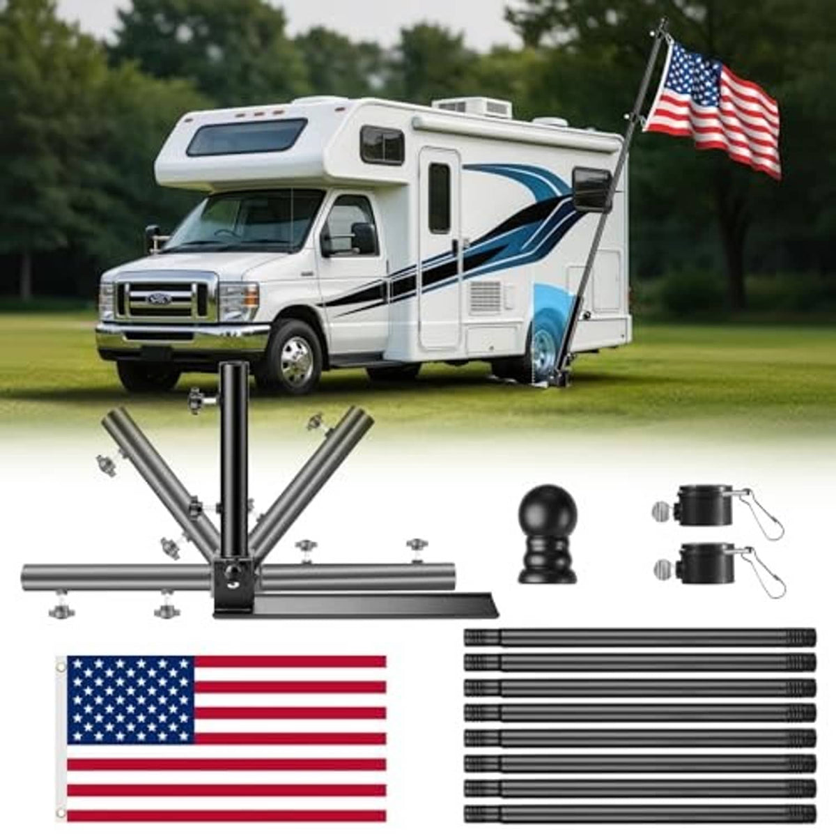 Flag pole base kit with black mounting post, fold-out bars, and accessory components
