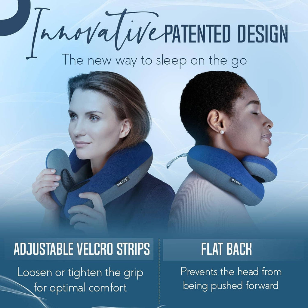 Blue travel neck pillow on people demonstrating head and neck support poses