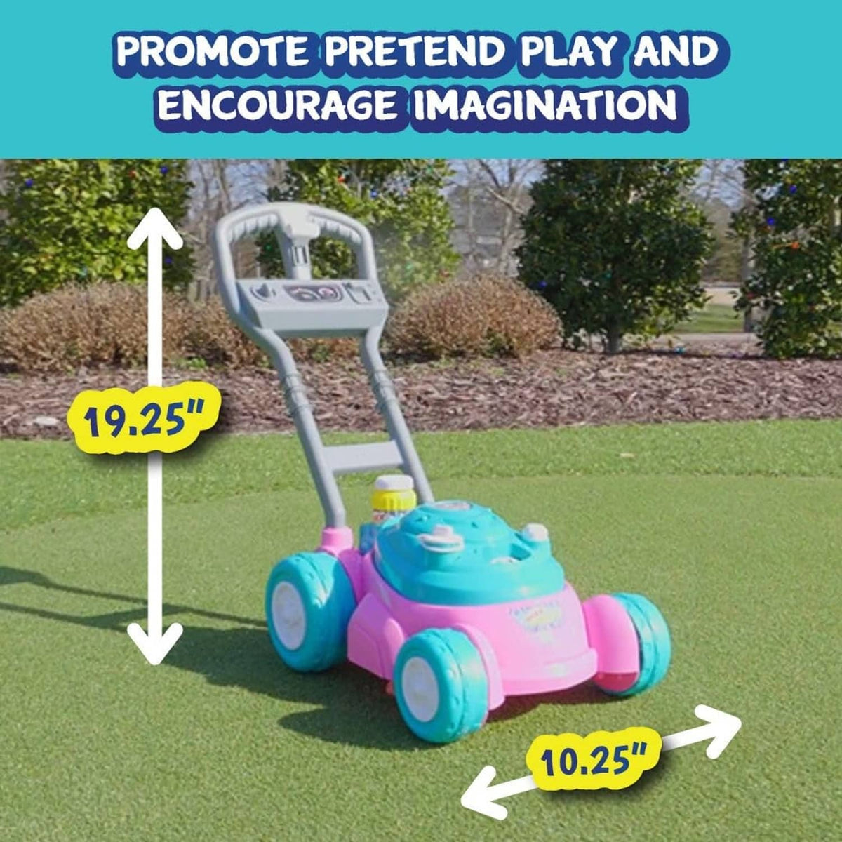 Teal and pink bubble lawn mower toy with gray handle and round teal wheels on grass.