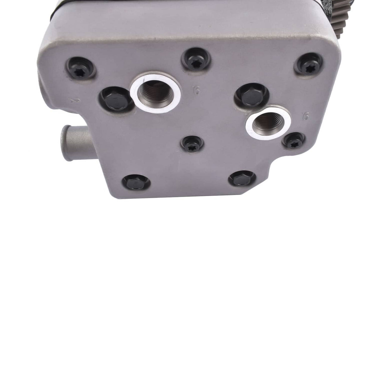 Air compressor end cover with screw holes and two threaded ports