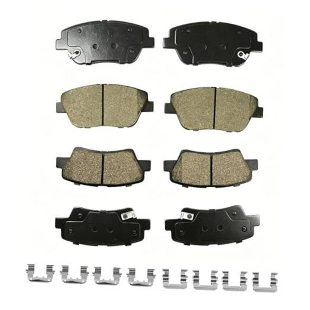 Front and rear ceramic brake pad set, tan friction material with metal backing plates and clips