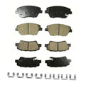 Front and rear ceramic brake pad set, tan friction material with metal backing plates and clips