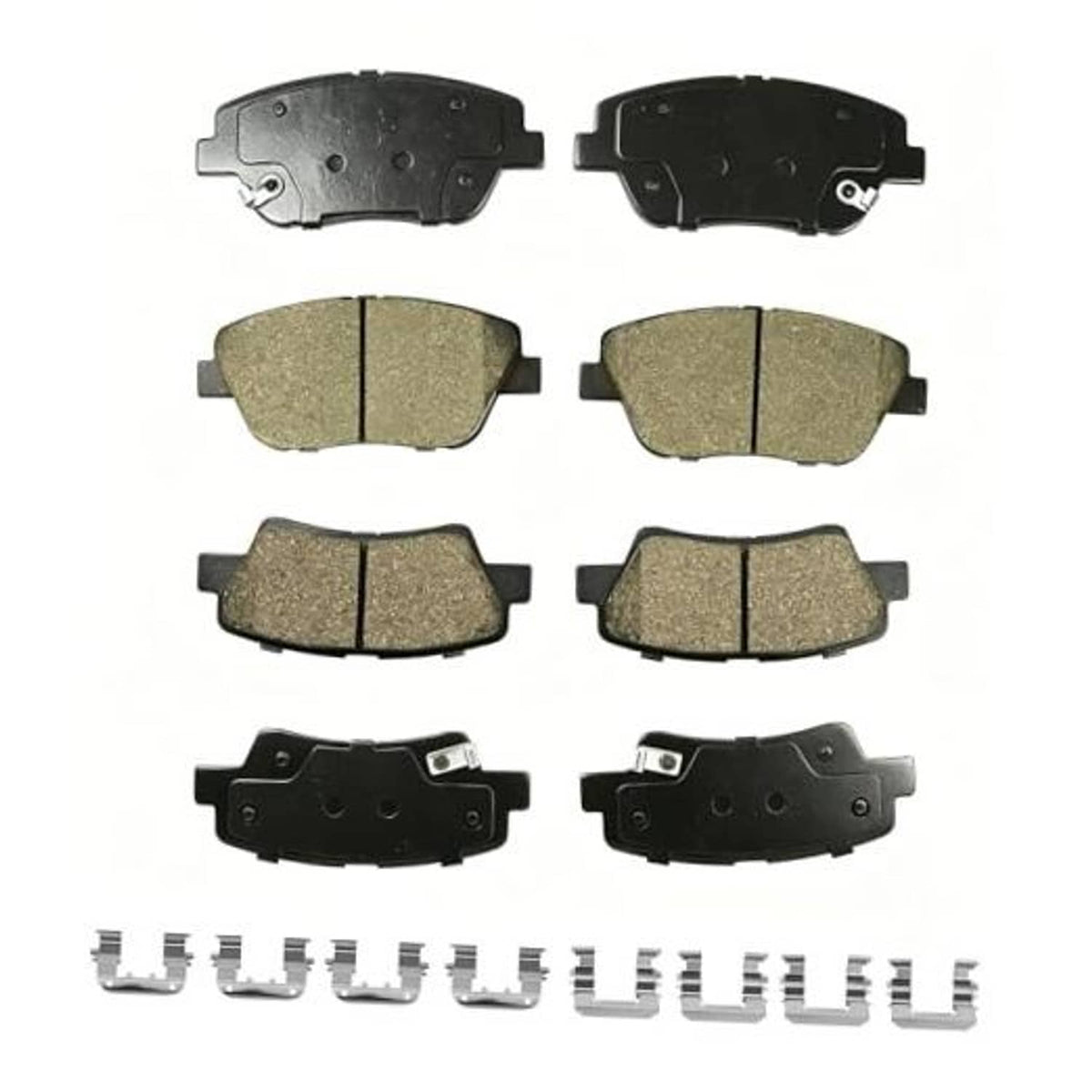 Front and rear ceramic brake pad set, tan friction material with metal backing plates and clips