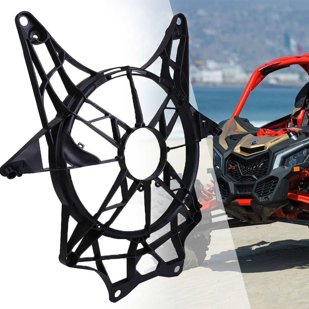 Black fan guard housing frame with circular opening and side mounting bracket