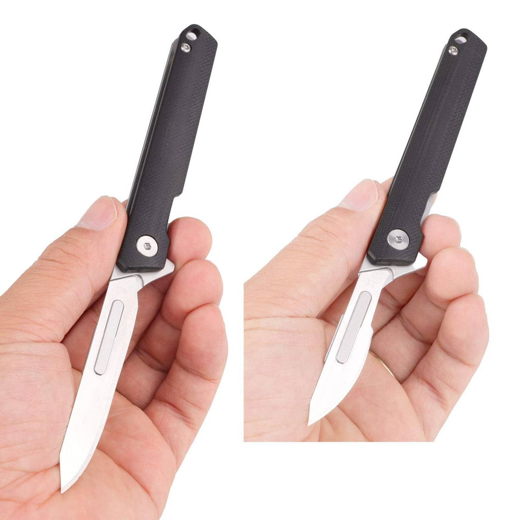 Small flipper folding pocket knife with black handle, held in hand