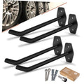 Black wall-mounted garage tire hooks set, curved arms with mounting brackets, 4-pack.