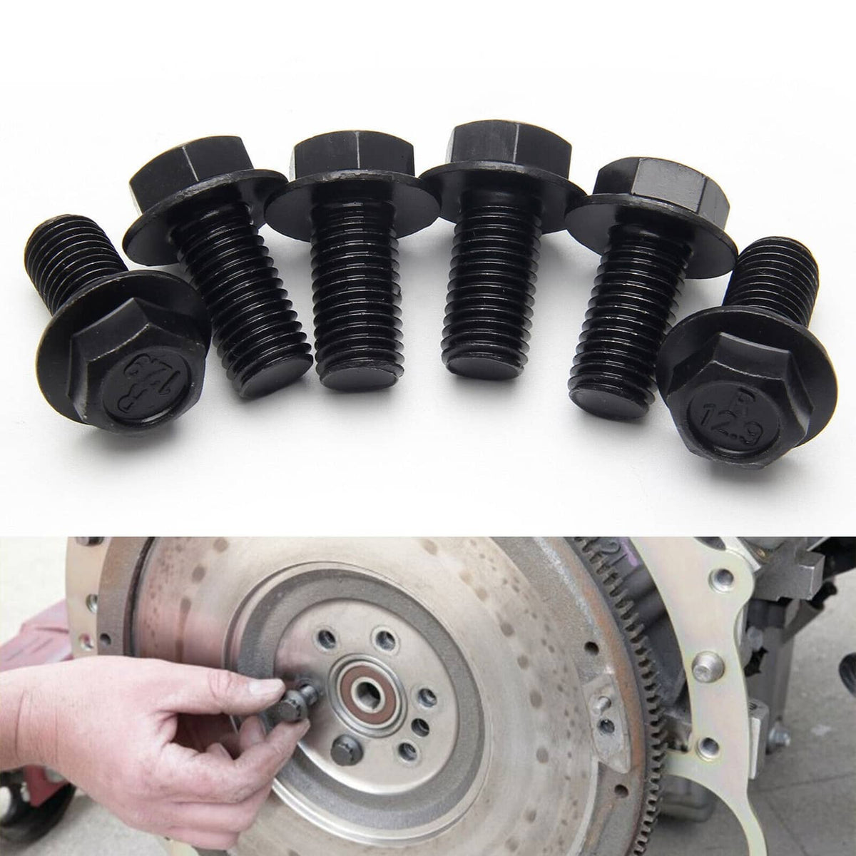Row of black hex-head flexplate bolts with threaded shafts