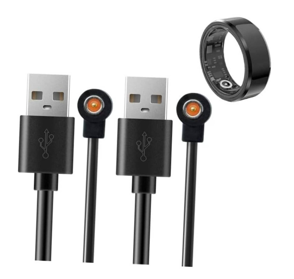 Magnetic smart ring charger cables, black USB-A leads with round magnetic charging pins