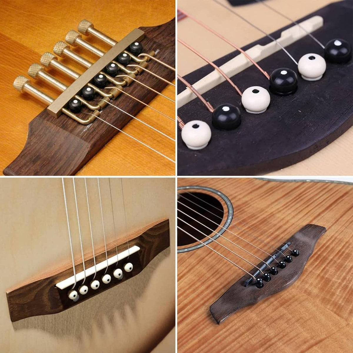 Acoustic guitar bridge with mixed metal bridge pins and strings