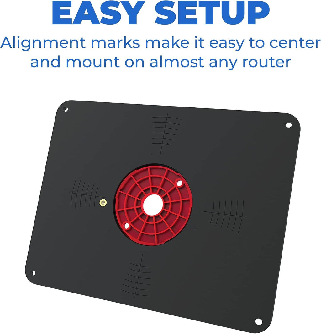 Black router table insert plate with red centering ring and alignment markings