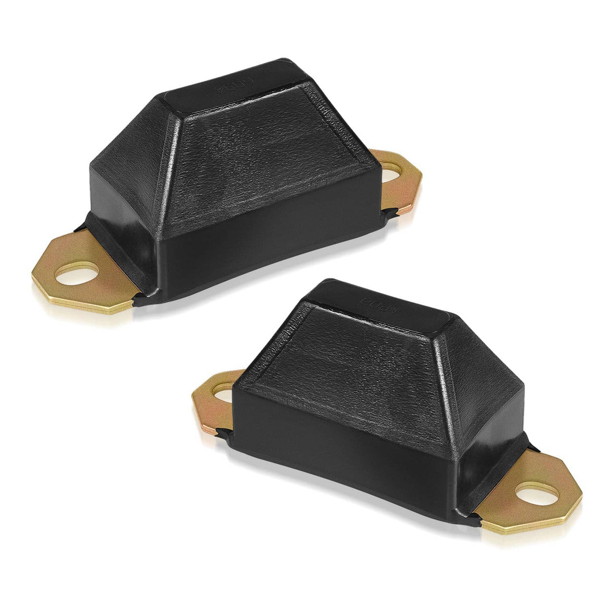 Universal bump stop set with black rubber blocks and brass-colored mounting brackets