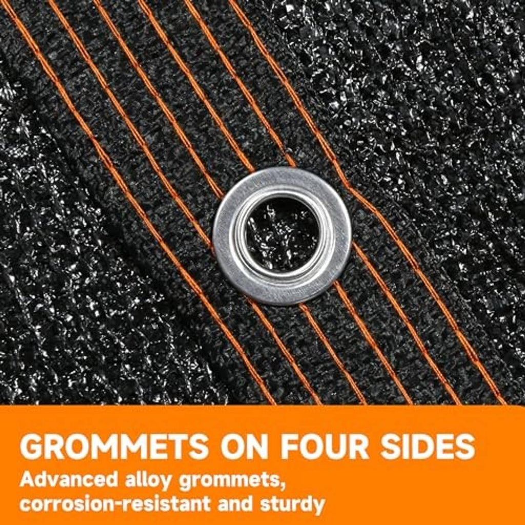 Black shade net fabric with metal grommet and orange stitched stripes