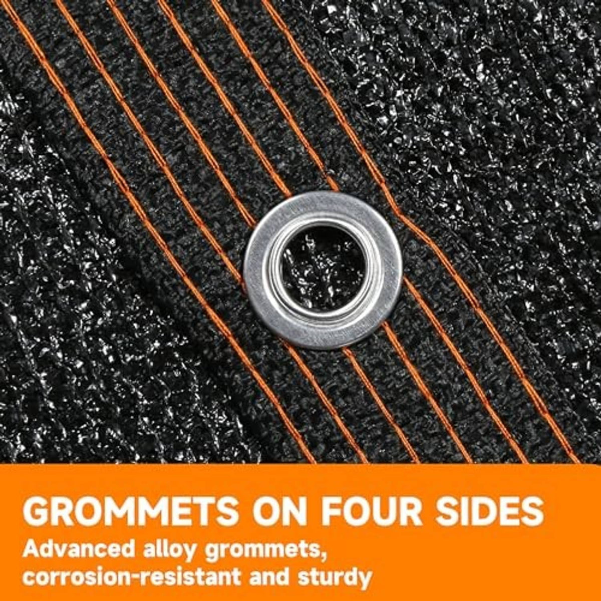 Black shade net fabric with metal grommet and orange stitched stripes