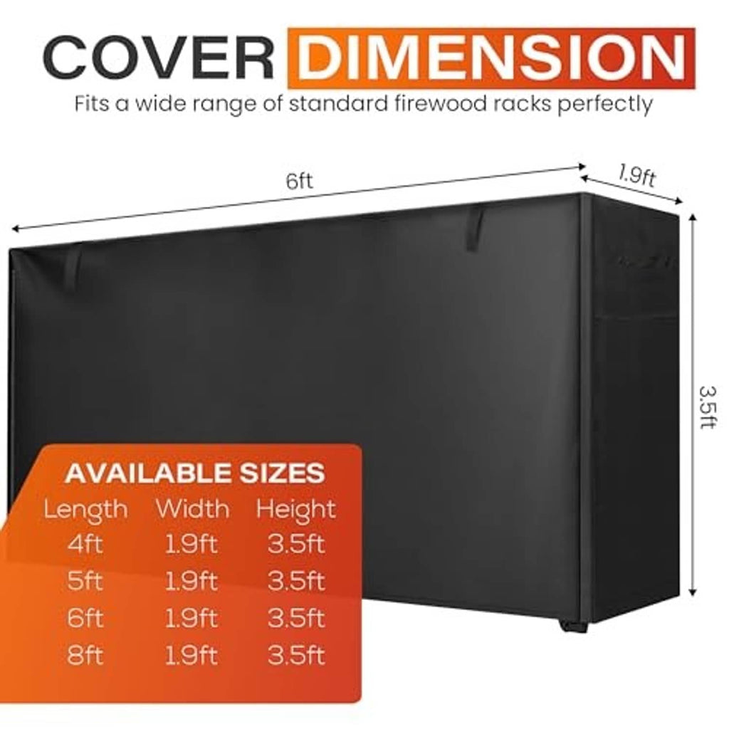 Black 6ft firewood rack cover with fitted rectangular shape and corner grommets.