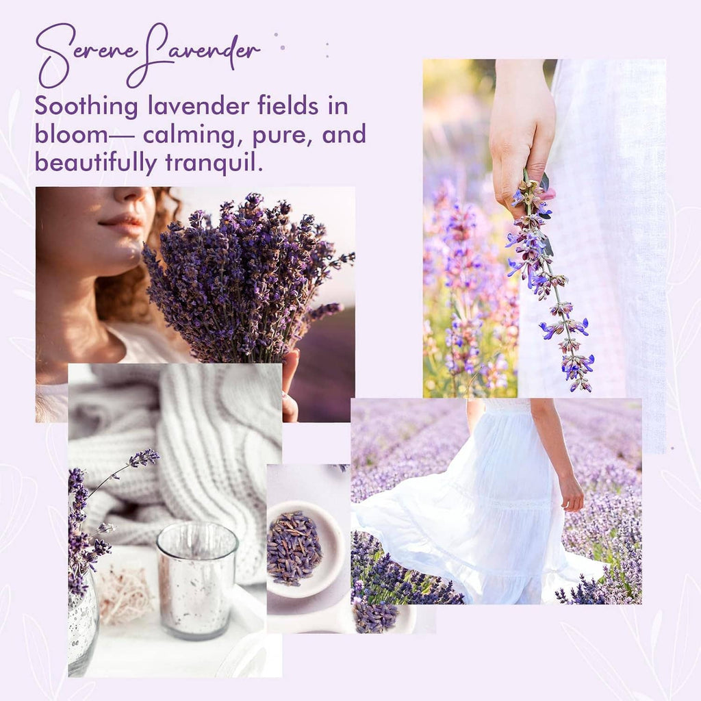 Serene Lavender room spray shown with lavender-themed collage and product bottle
