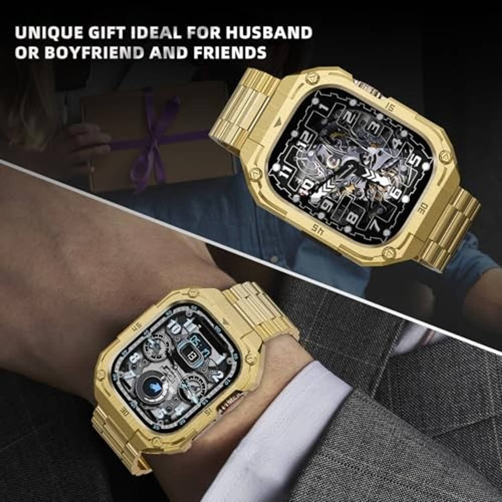 Gold-tone stainless steel watch on wrist, black multi-dial face, linked band