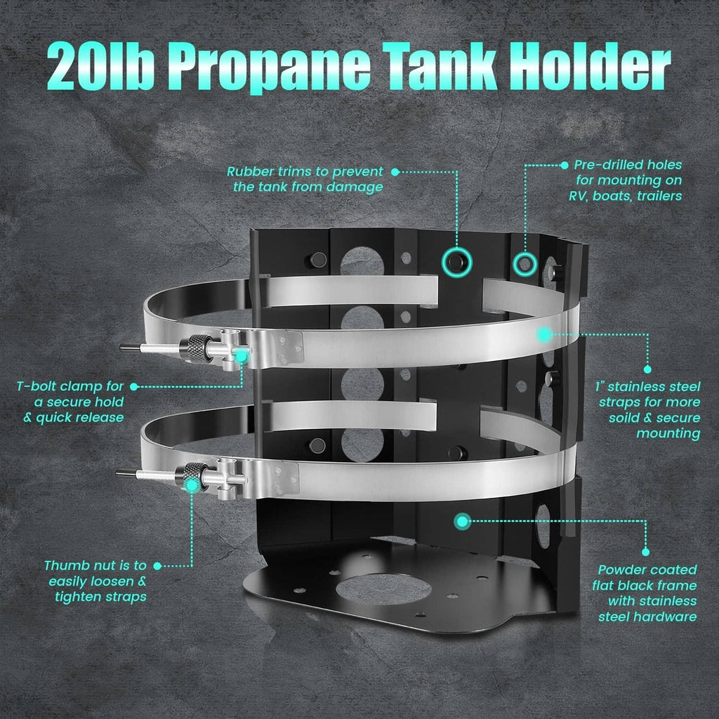 20 lb propane tank holder with stainless clamp straps and pre-drilled mounting holes.