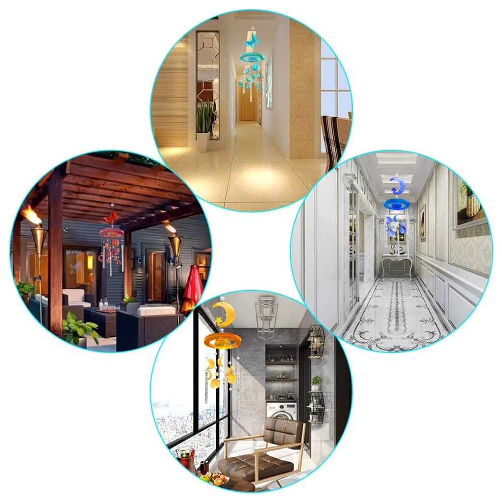 Decorative wind chimes hanging in different home rooms, showing multiple styles