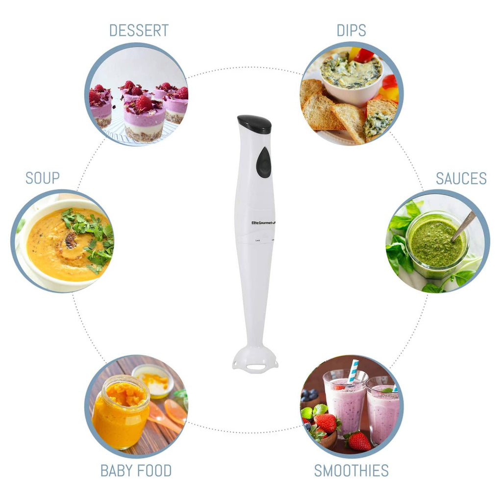 White immersion blender with black button and blending shaft in upright view