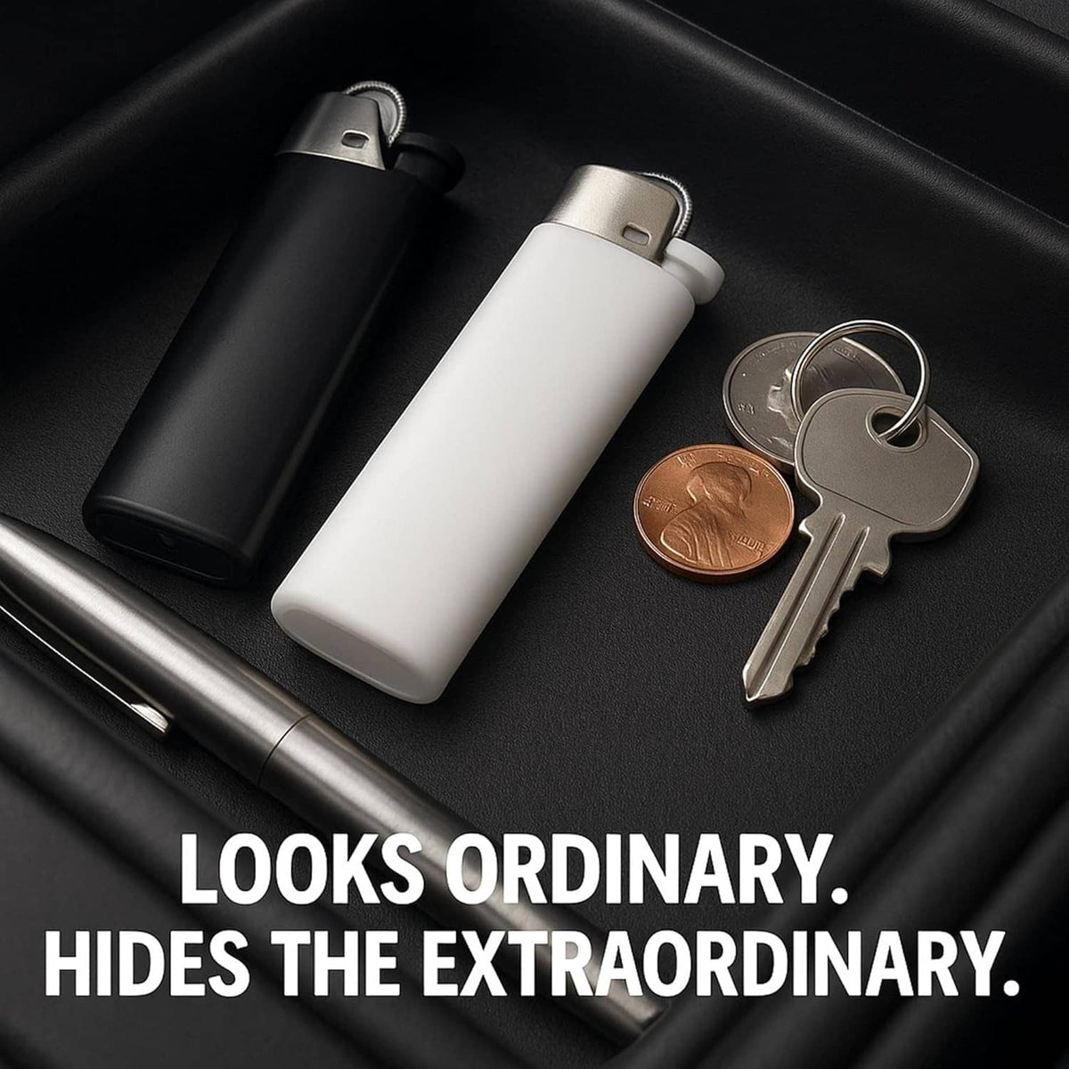 Diversion lighter with open stash cap; black and white lighters with keys and coins.